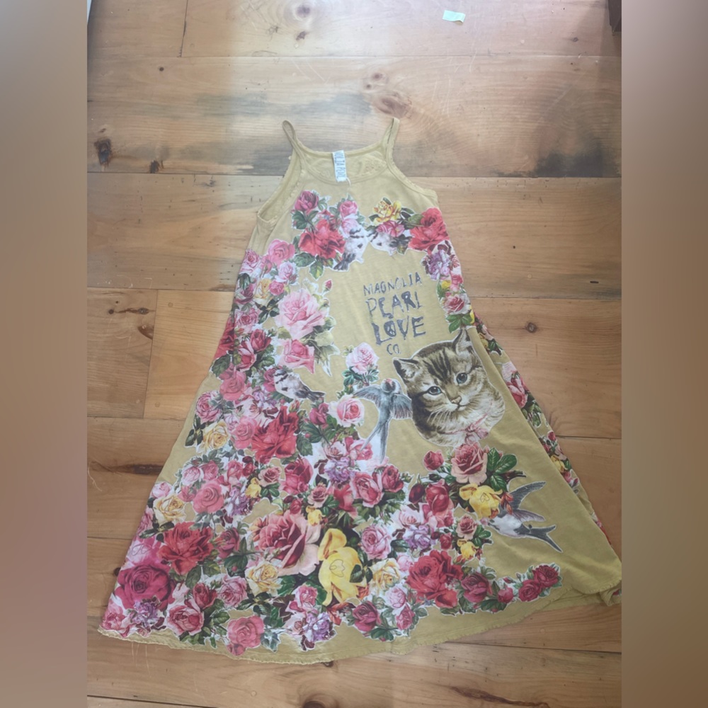 Magnolia Pearl Cotton Dress or Slip with Floral & Cat Embroidery